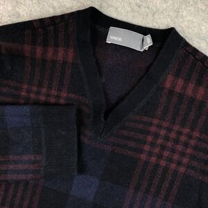 Vince Mens L (Fits M) Plaid Wool Cashmere Blend V Neck Sweater Elbow Patches